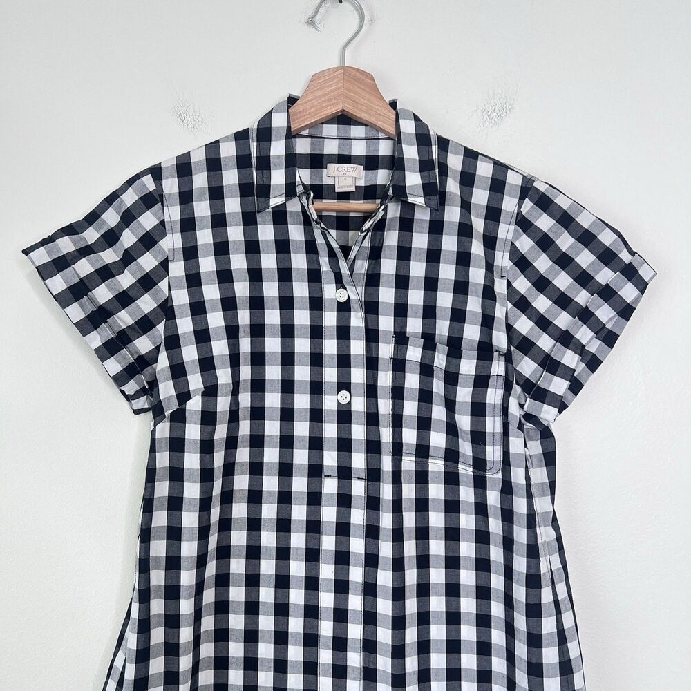 J Crew Black White Gingham Plaid Shirt Dress Button Up Short Sleeve Size S - Picture 3 of 8